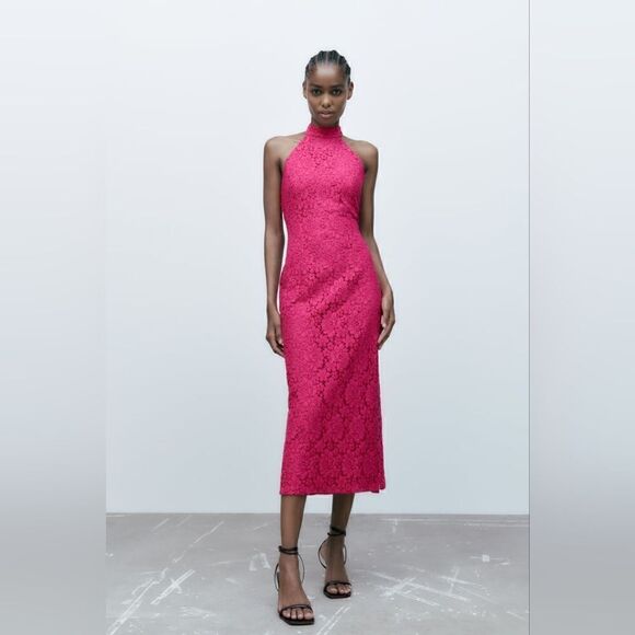 Zara LACE HALTER DRESS PINK - Picture 8 of 14